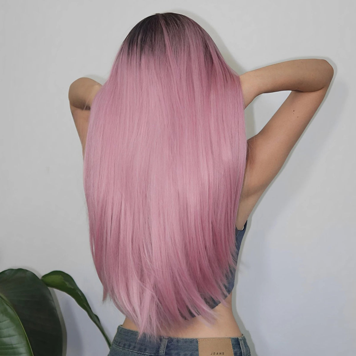 Ombre Pink Long Straight Wig with Dark Roots - HairNjoy