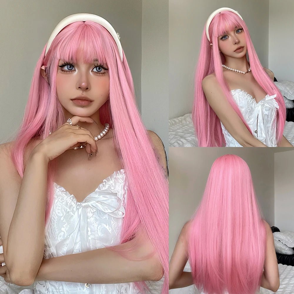 Ombre Pink Long Straight Wig with Dark Roots - HairNjoy