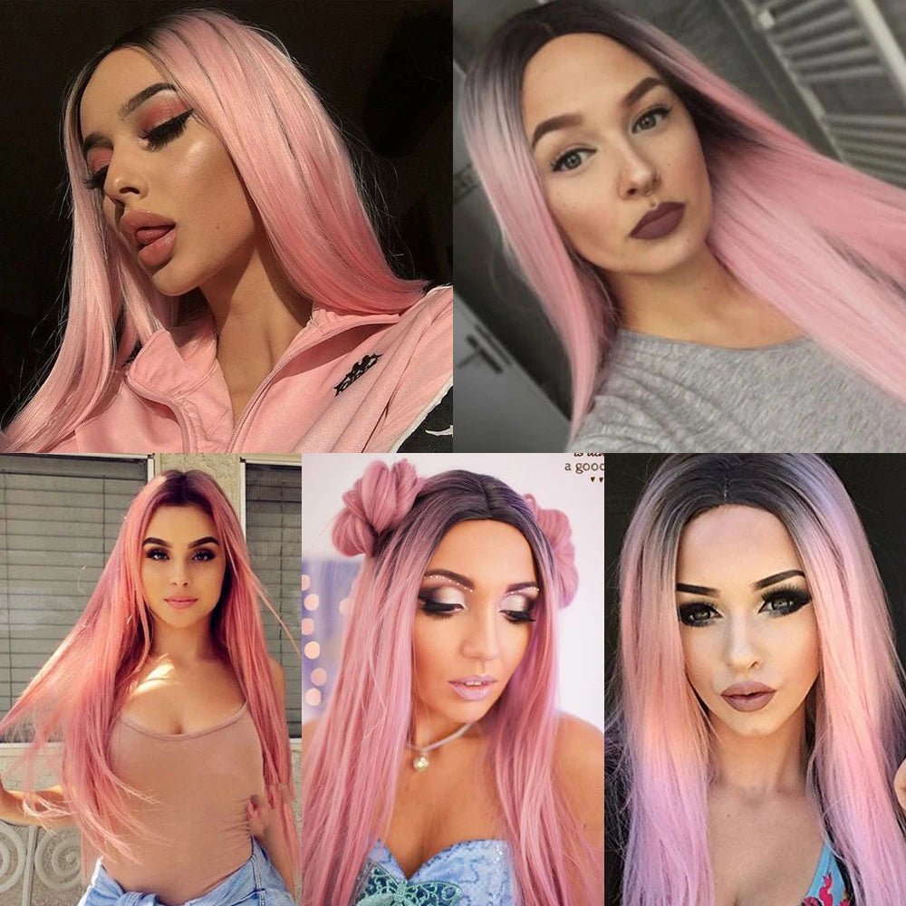 Ombre Pink Long Straight Wig with Dark Roots - HairNjoy