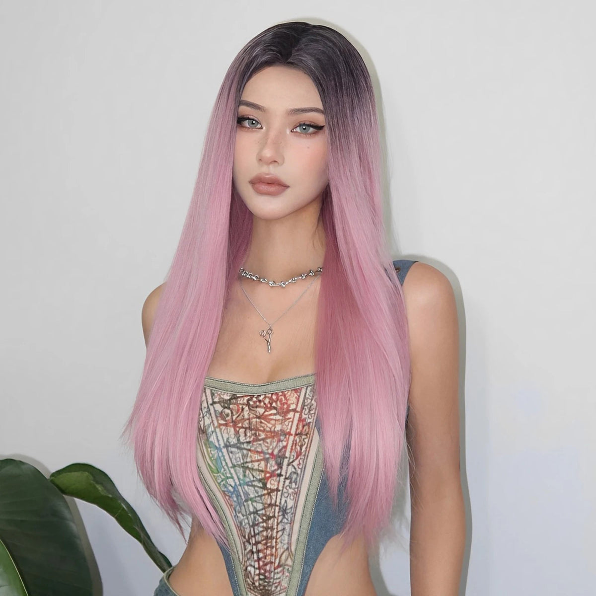 Ombre Pink Long Straight Wig with Dark Roots - HairNjoy