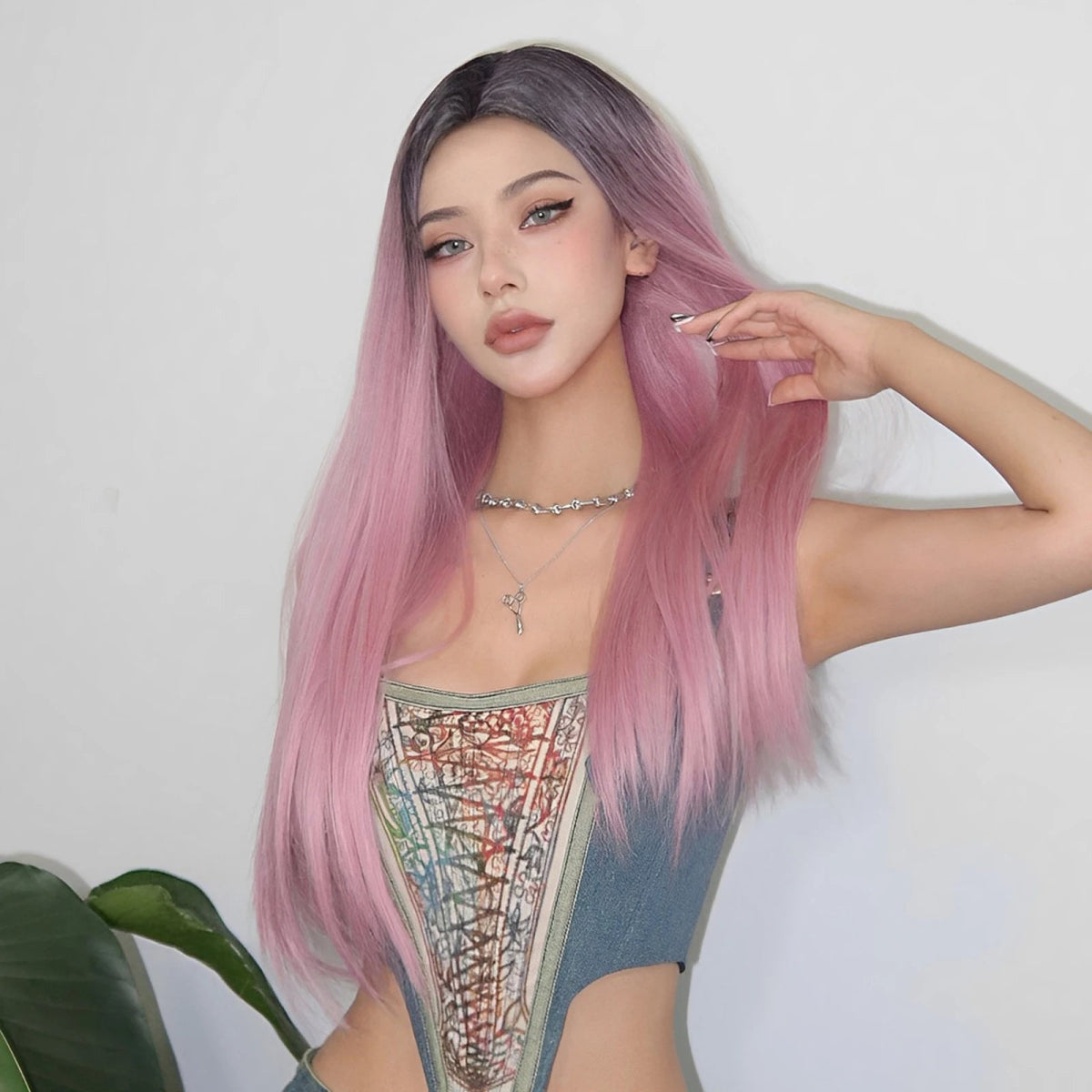 Ombre Pink Long Straight Wig with Dark Roots - HairNjoy
