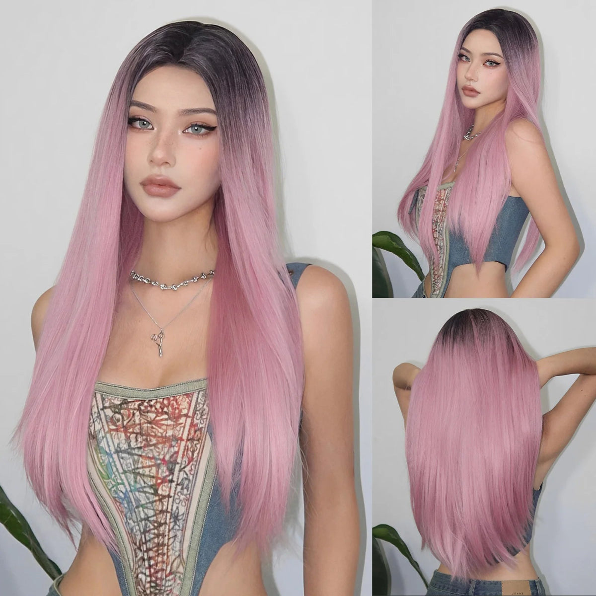 Ombre Pink Long Straight Wig with Dark Roots - HairNjoy