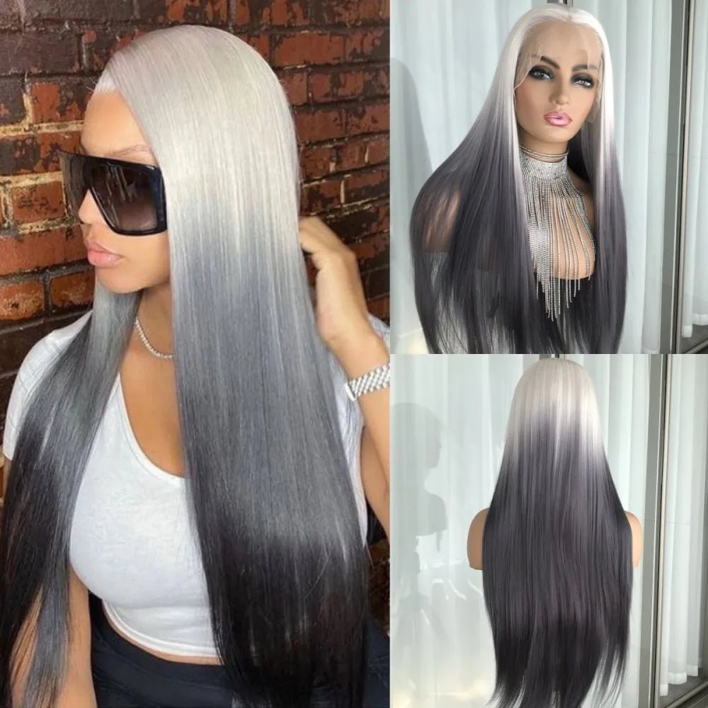 Ombre Silver Black Straight Lace Front Wig - HairNjoy