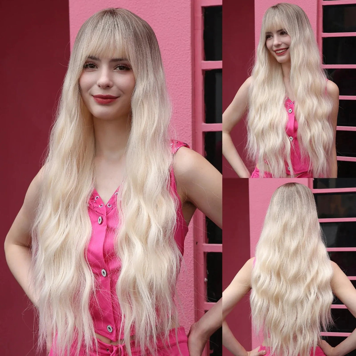 Orange Wavy Synthetic Wig with Long Bangs - HairNjoy