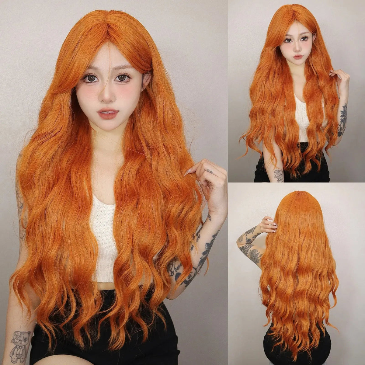 Orange Wavy Synthetic Wig with Long Bangs - HairNjoy