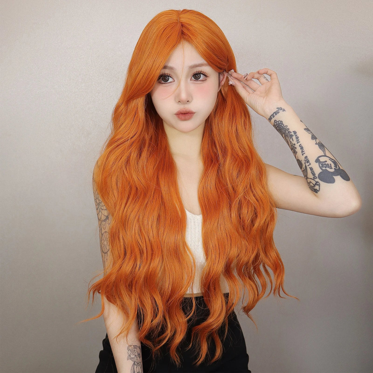 Orange Wavy Synthetic Wig with Long Bangs - HairNjoy