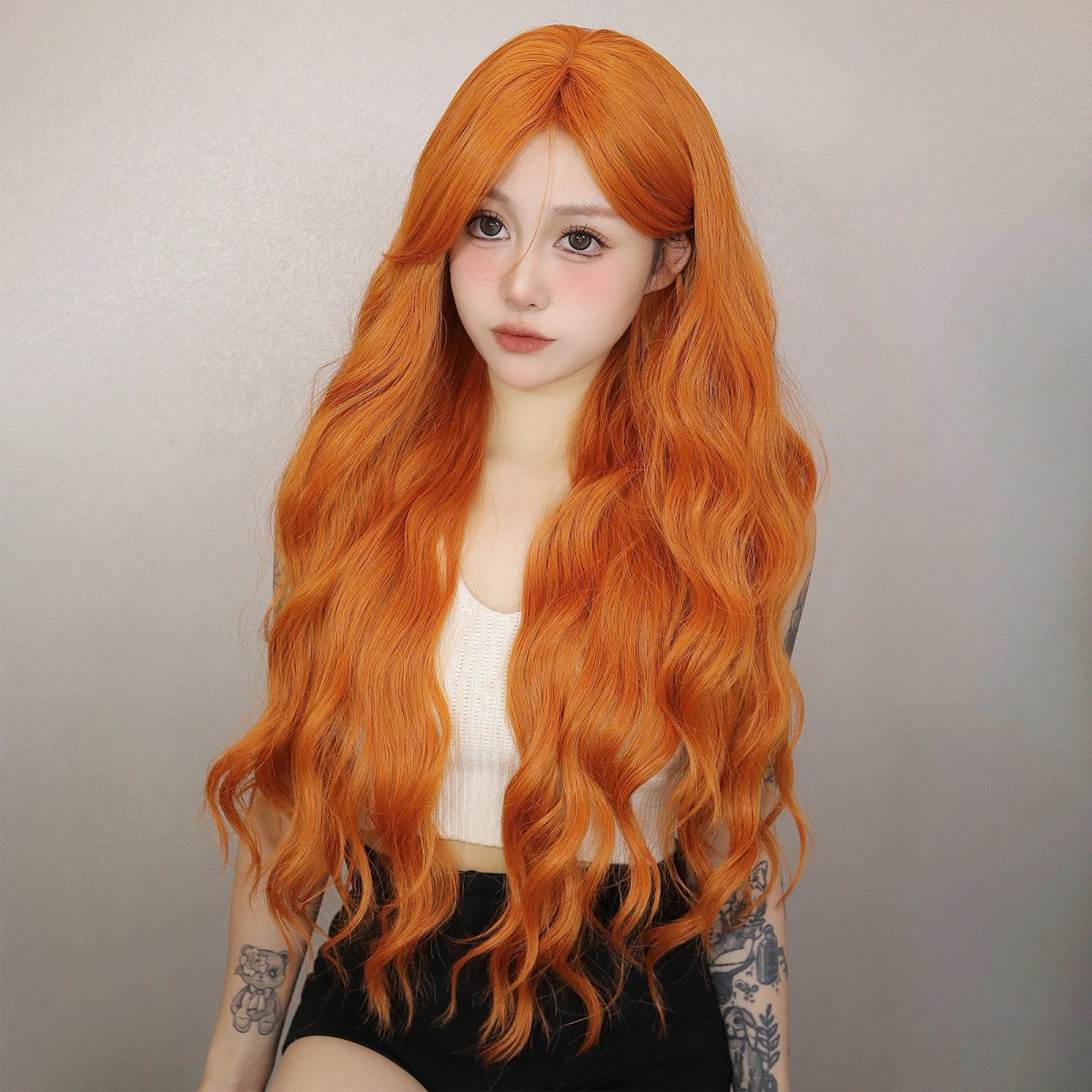 Orange Wavy Synthetic Wig with Long Bangs - HairNjoy