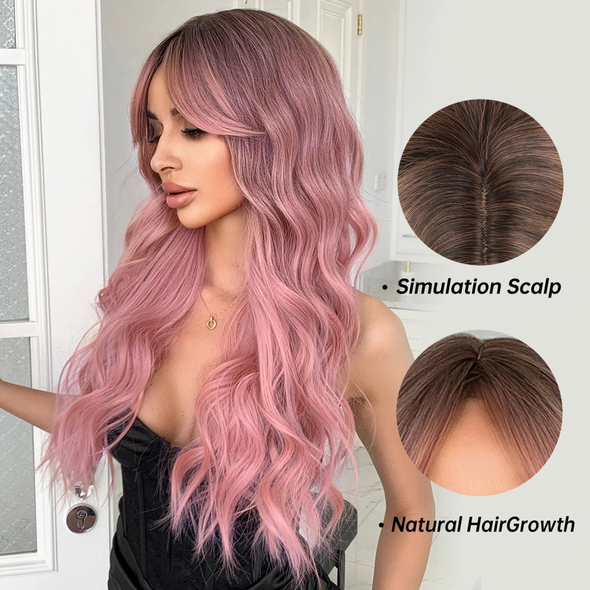 Pink Long Wavy Wig with Bangs - HairNjoy