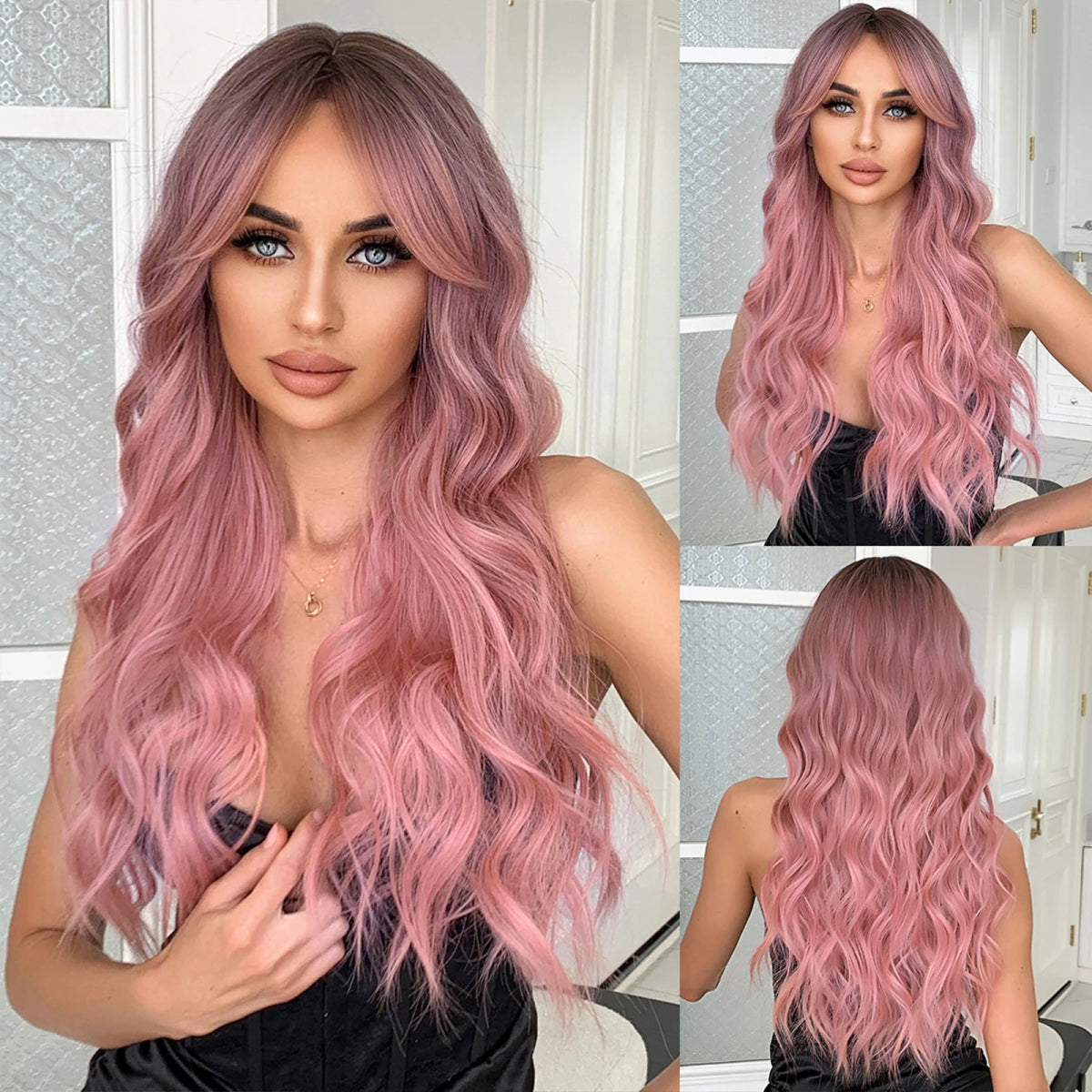 Pink Long Wavy Wig with Bangs - HairNjoy
