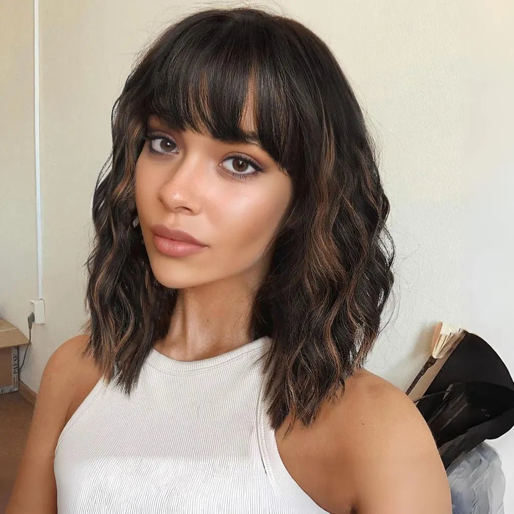 Short Brown Highlight Wavy Bob Wig - HairNjoy