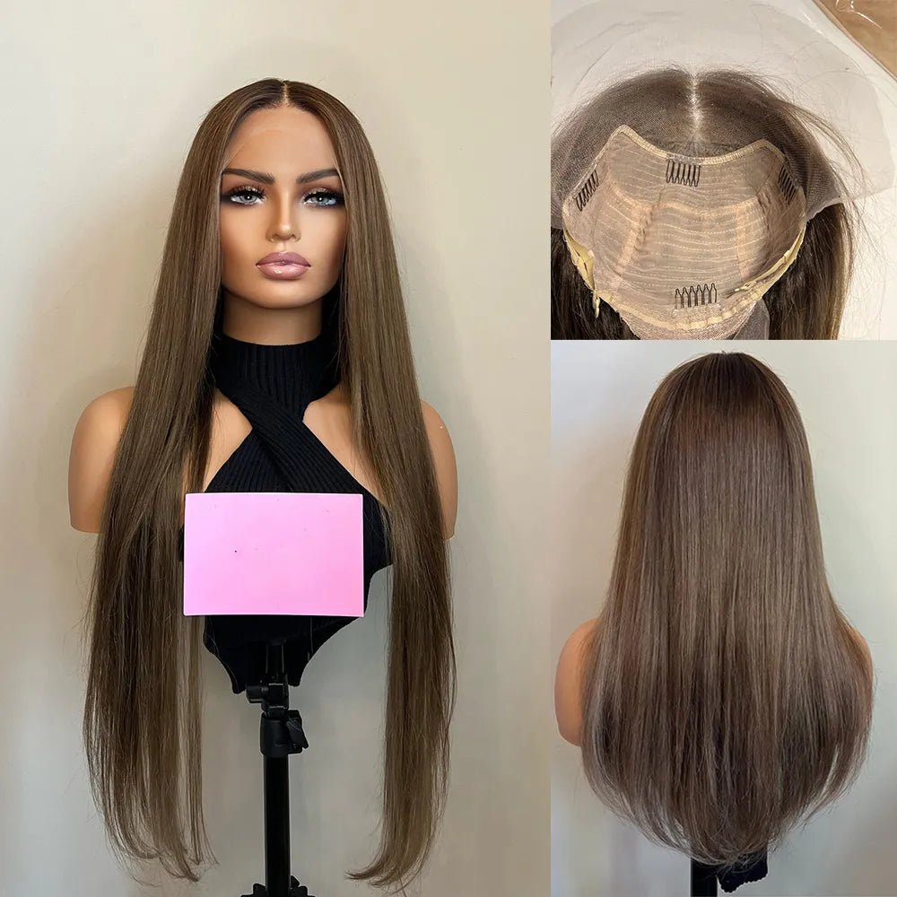 Silky Straight Dark Brown Roots Human Hair Wig - HairNjoy