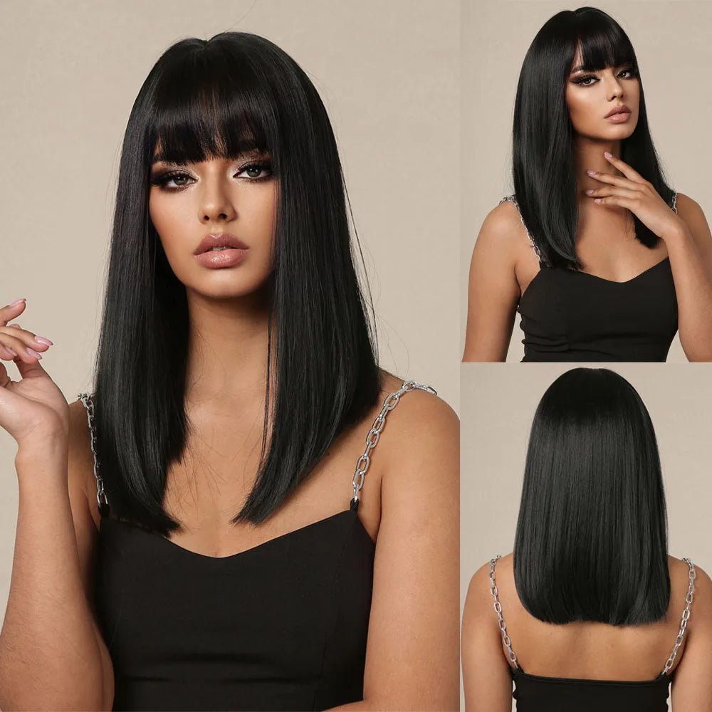 Straight Black Wig with Bangs - HairNjoy