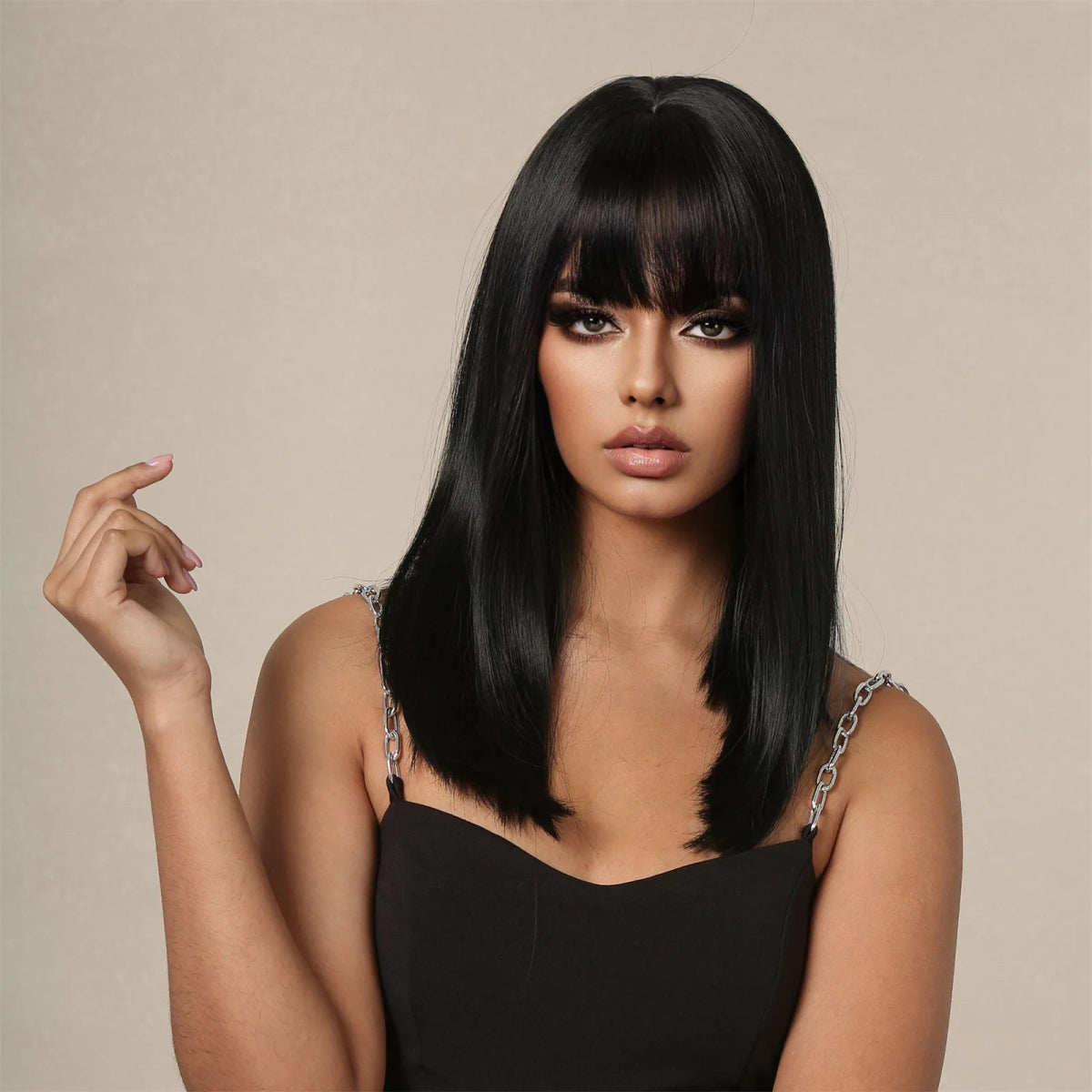 Straight Black Wig with Bangs - HairNjoy