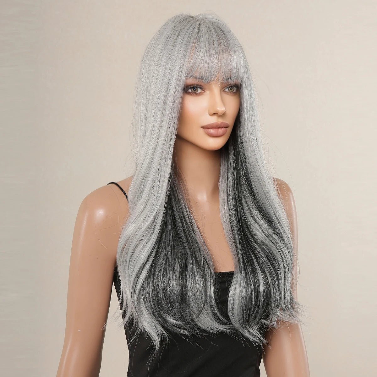 Synthetic Silver Black Wavy Wig with Bangs - HairNjoy