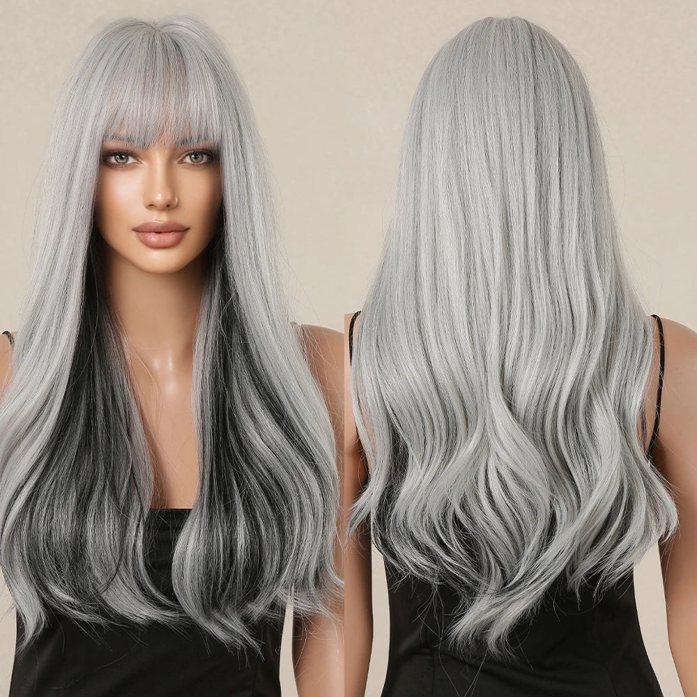 Synthetic Silver Black Wavy Wig with Bangs - HairNjoy
