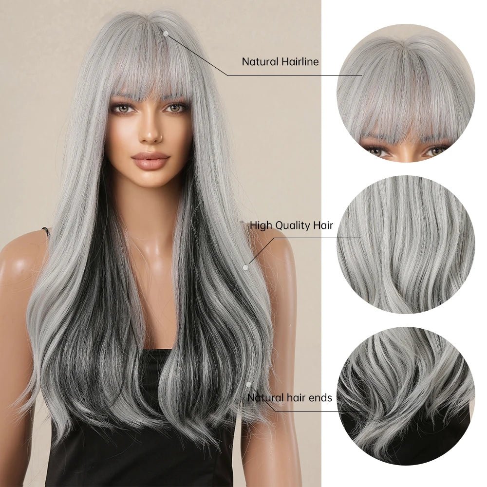 Synthetic Silver Black Wavy Wig with Bangs - HairNjoy