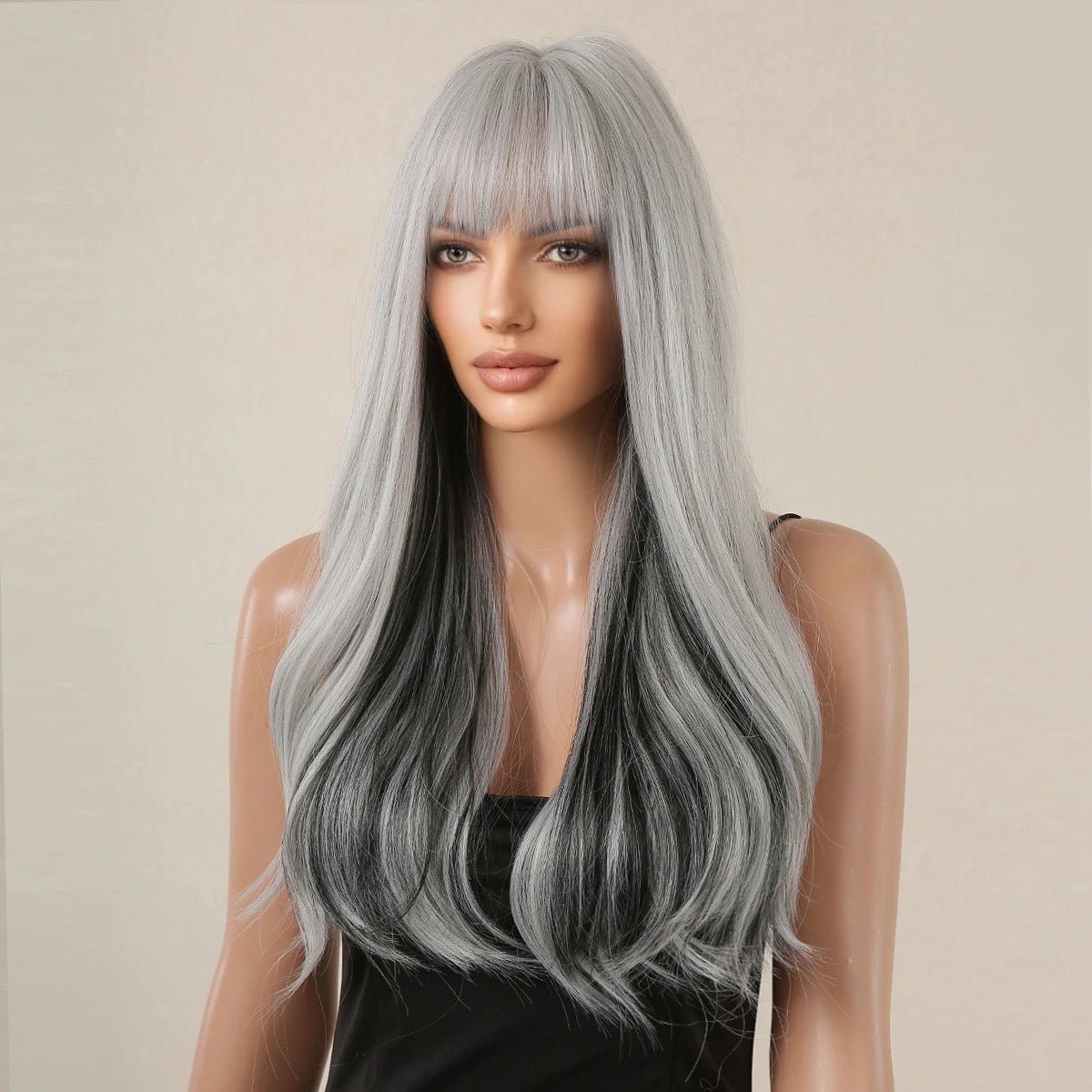 Synthetic Silver Black Wavy Wig with Bangs - HairNjoy
