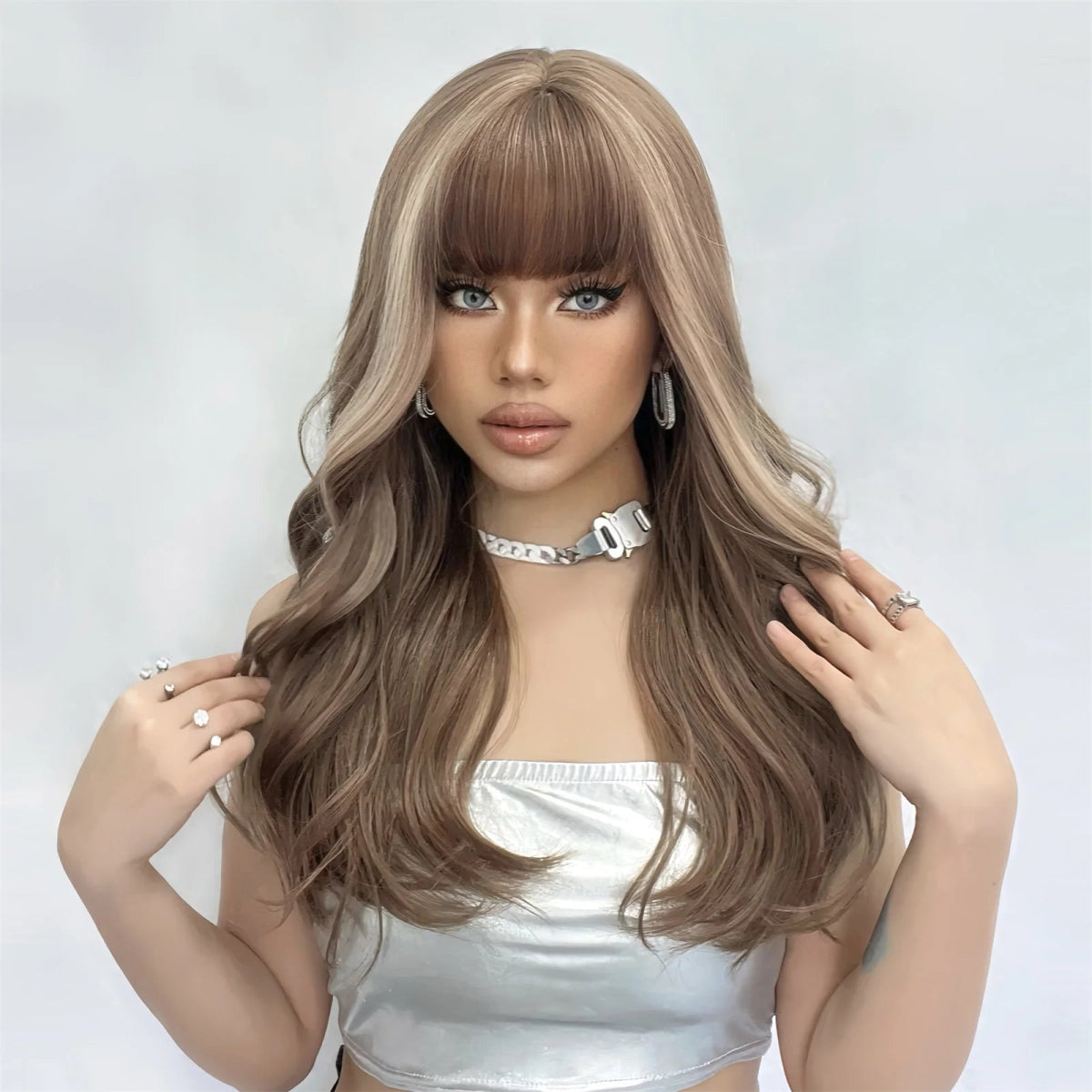 Wavy Brown Highlight Wig with Bangs - HairNjoy