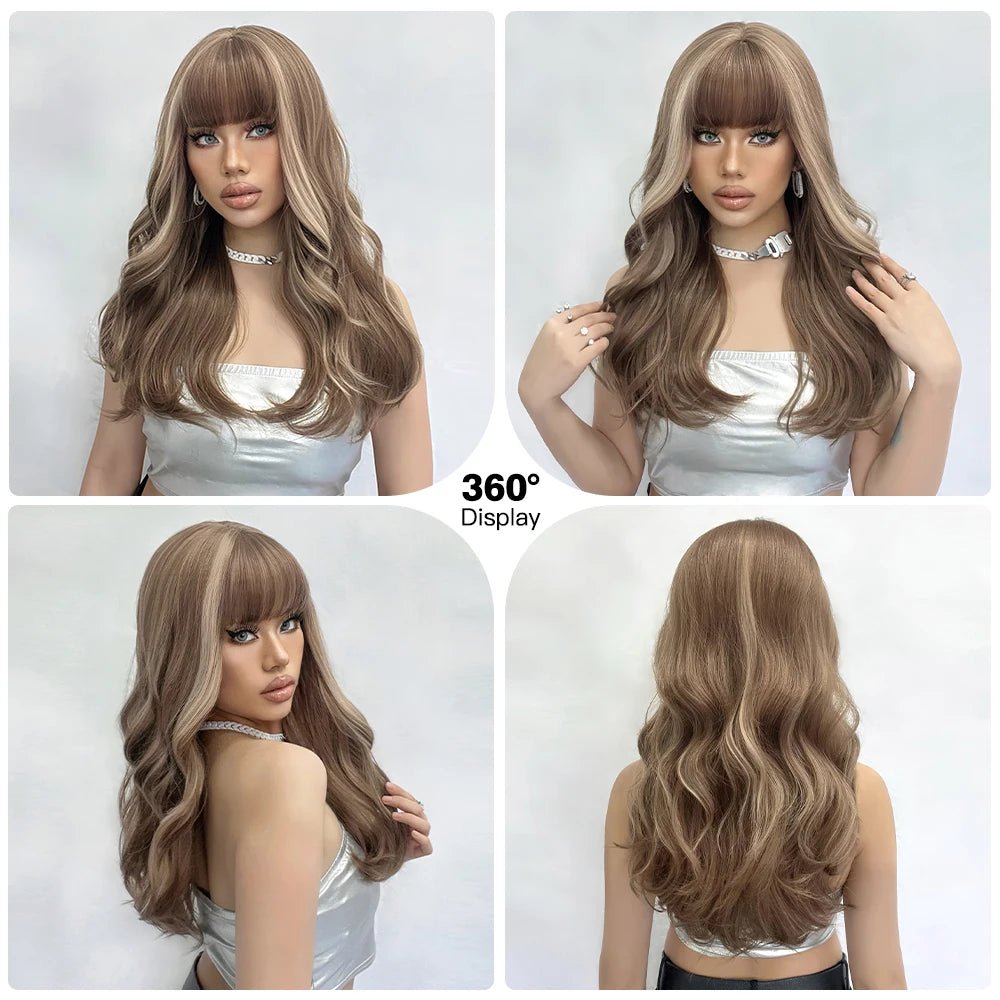 Wavy Brown Highlight Wig with Bangs - HairNjoy