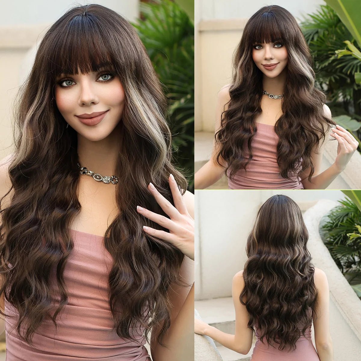 Wavy Brown Highlight Wig with Bangs - HairNjoy