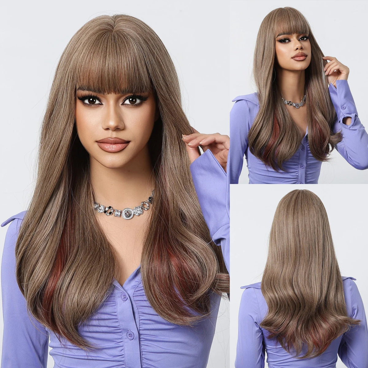 Wavy Brown Highlight Wig with Bangs - HairNjoy