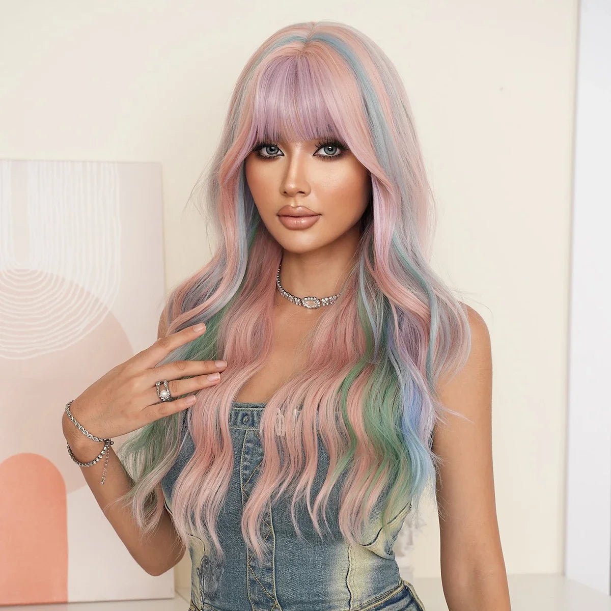 Wavy Iridescent Rainbow Synthetic Wigs - HairNjoy