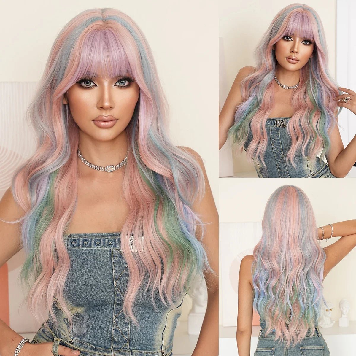 Wavy Iridescent Rainbow Synthetic Wigs - HairNjoy