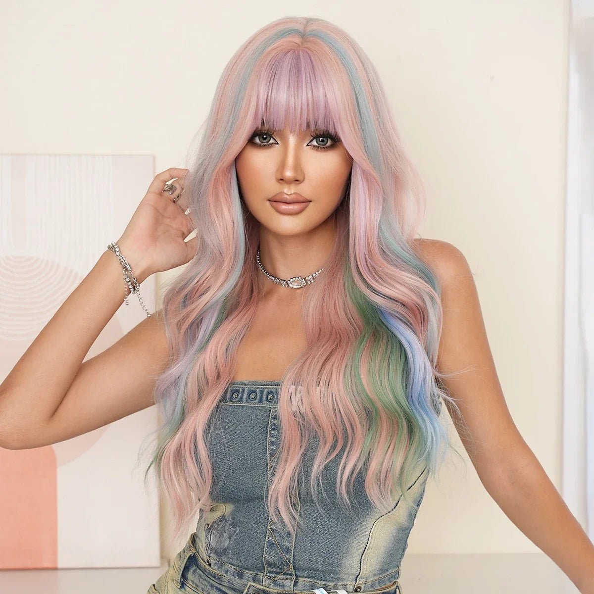 Wavy Iridescent Rainbow Synthetic Wigs - HairNjoy