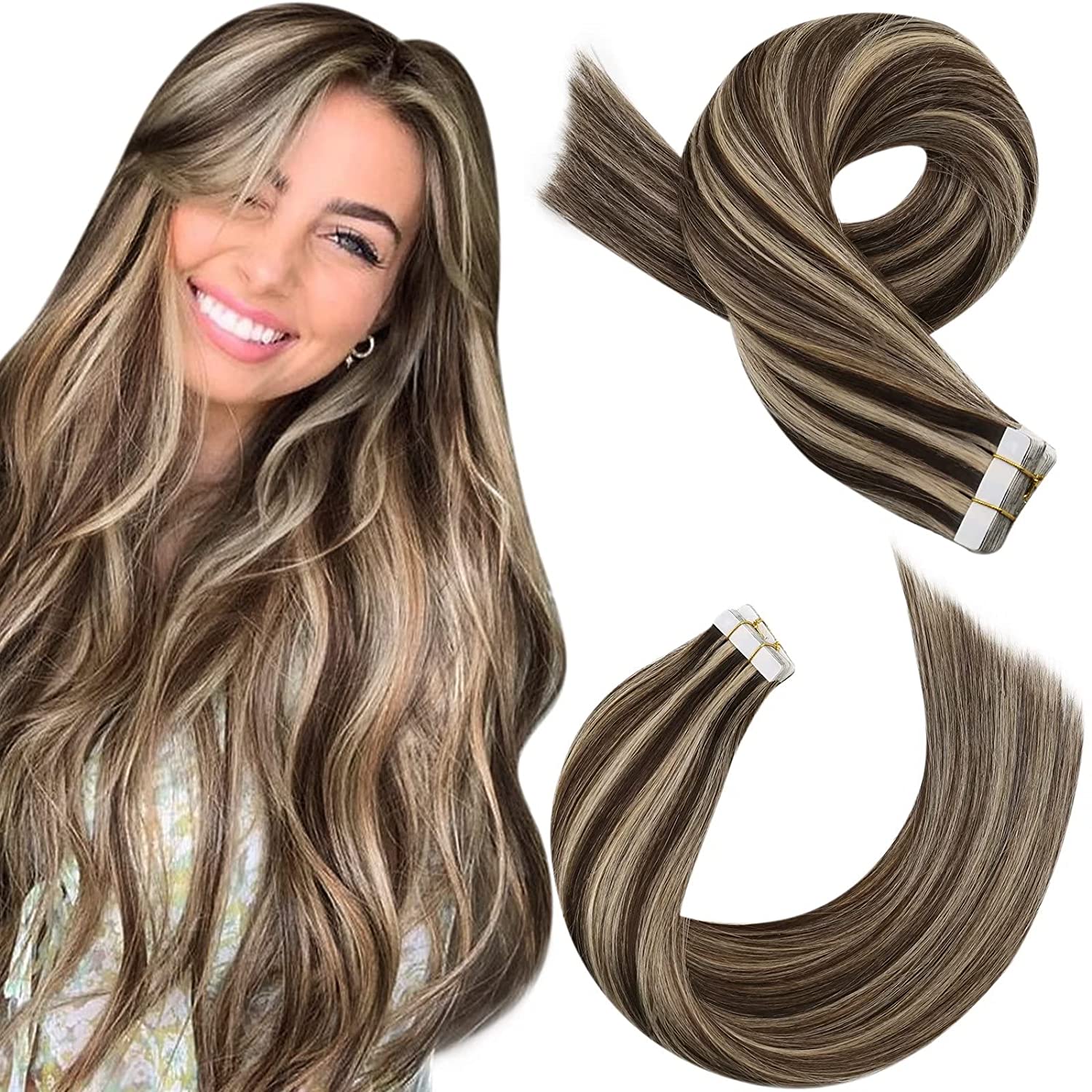 100% Remy Human Hair Highlight Balayage Seamless Tape in Extensions - HairNjoy