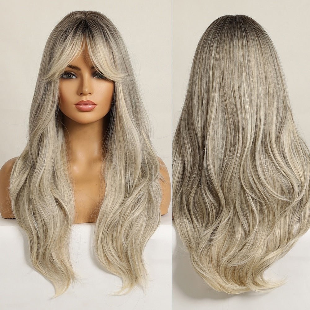 Ash Blonde Long Wavy Wigs with Side Bangs - HairNjoy