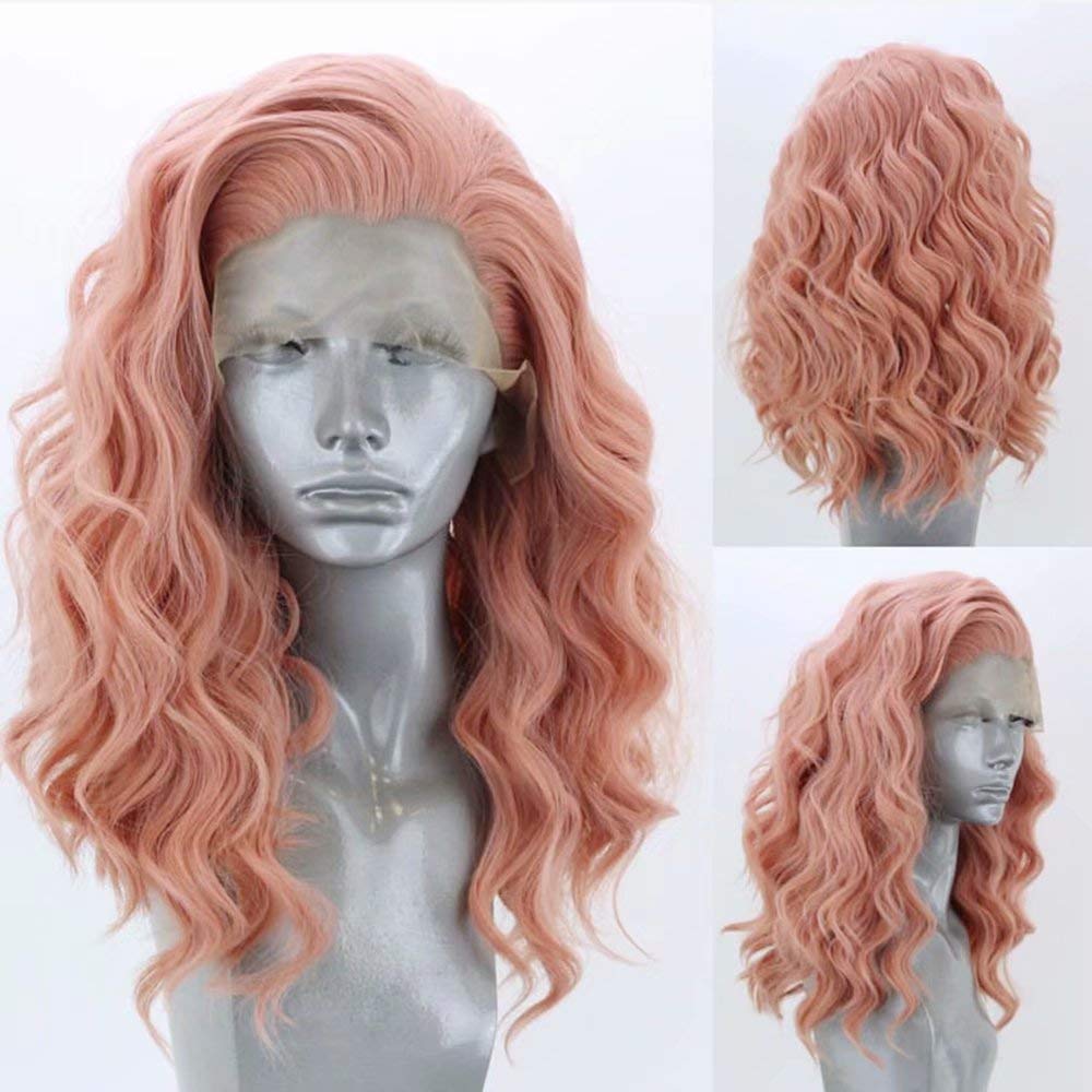 Ash Pink Wavy Curly Synthetic Lace Front Wigs - HairNjoy