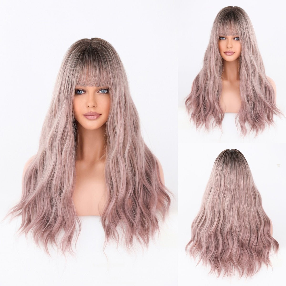 Ash Pink Wavy Wig with Bangs - HairNjoy