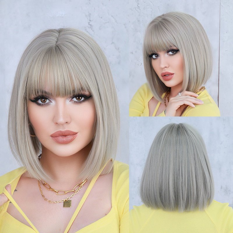 Ash Platinum Blonde Grey Short Bob Wigs - HairNjoy