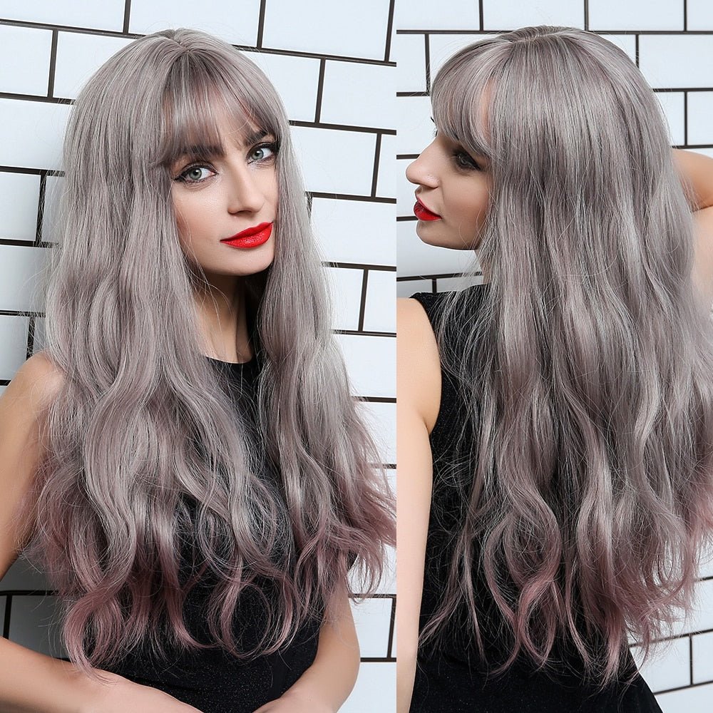 Ash Purple Long Wavy Wigs with Bangs - HairNjoy