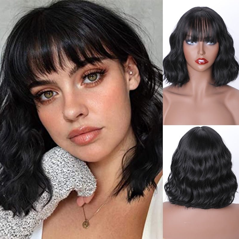 Black Bob Wavy Wigs with Bangs - HairNjoy