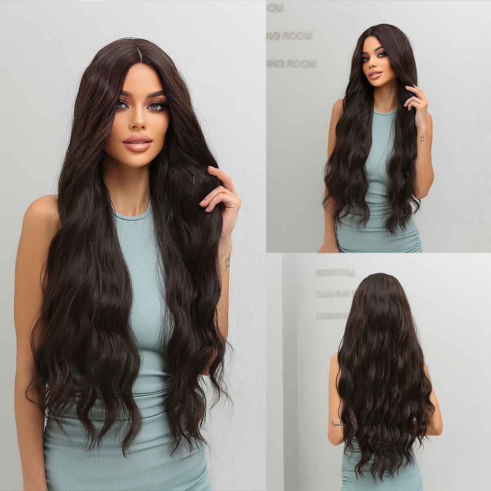 Black Brown Long Wavy Synthetic Wig - HairNjoy