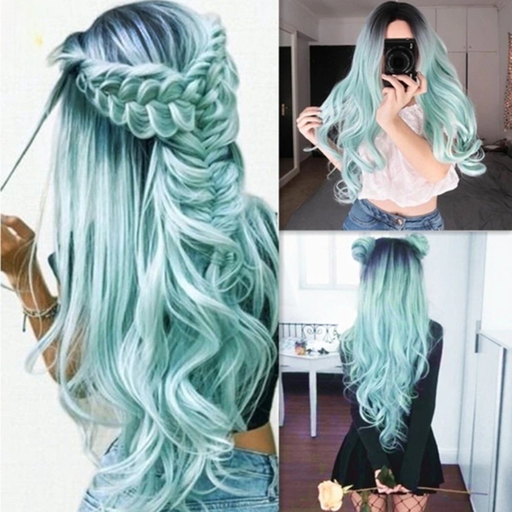 Black Mint Green Long Wavy Full Synthetic Wig - HairNjoy