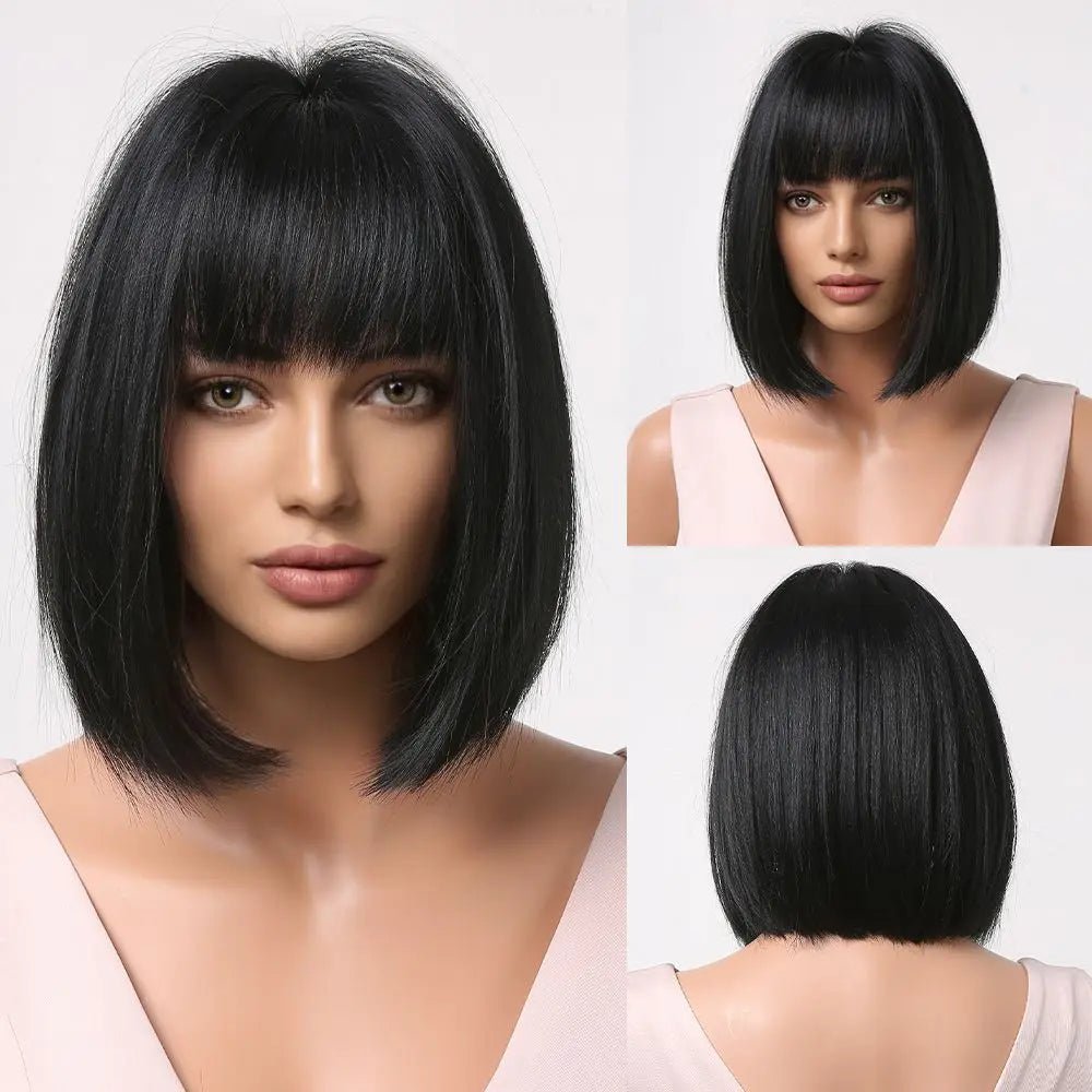 Black Straight Synthetic Hair With Bangs - HairNjoy