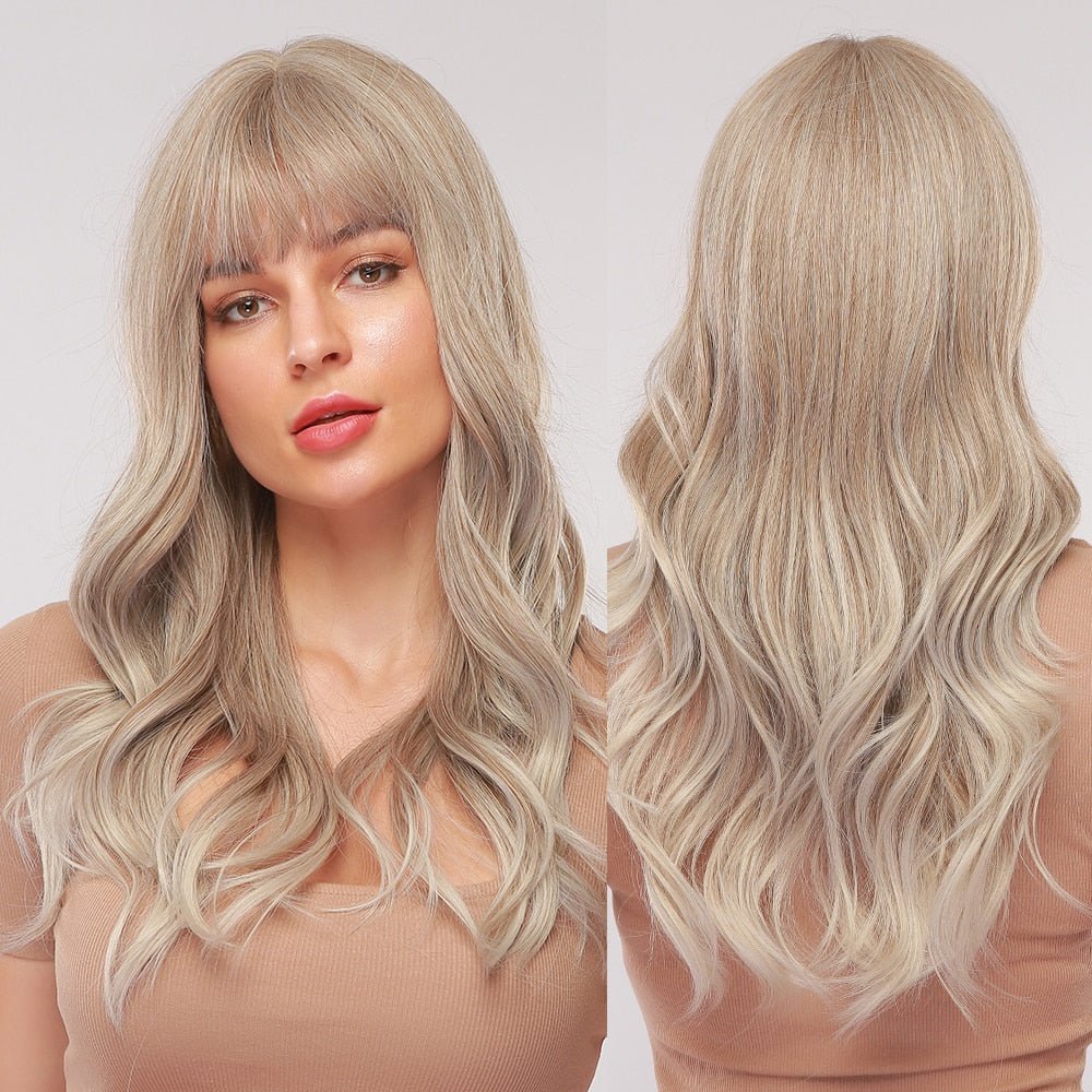Blonde Long Wavy Wigs with Bangs - HairNjoy