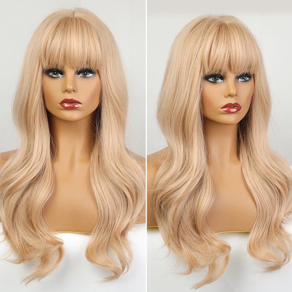 Blonde Long Wavy Wigs with Bangs - HairNjoy