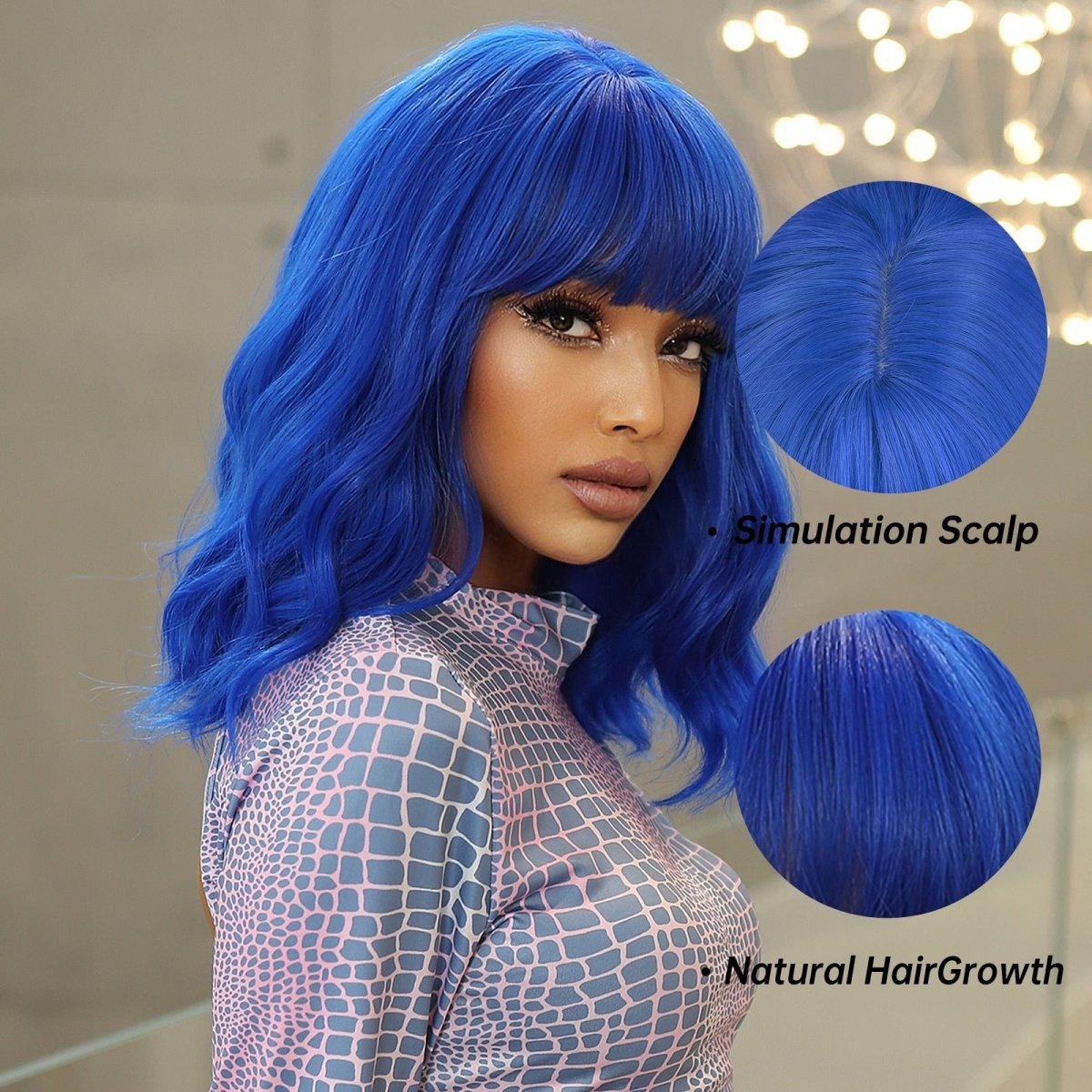Blue Short Wavy Wig with Bangs - HairNjoy