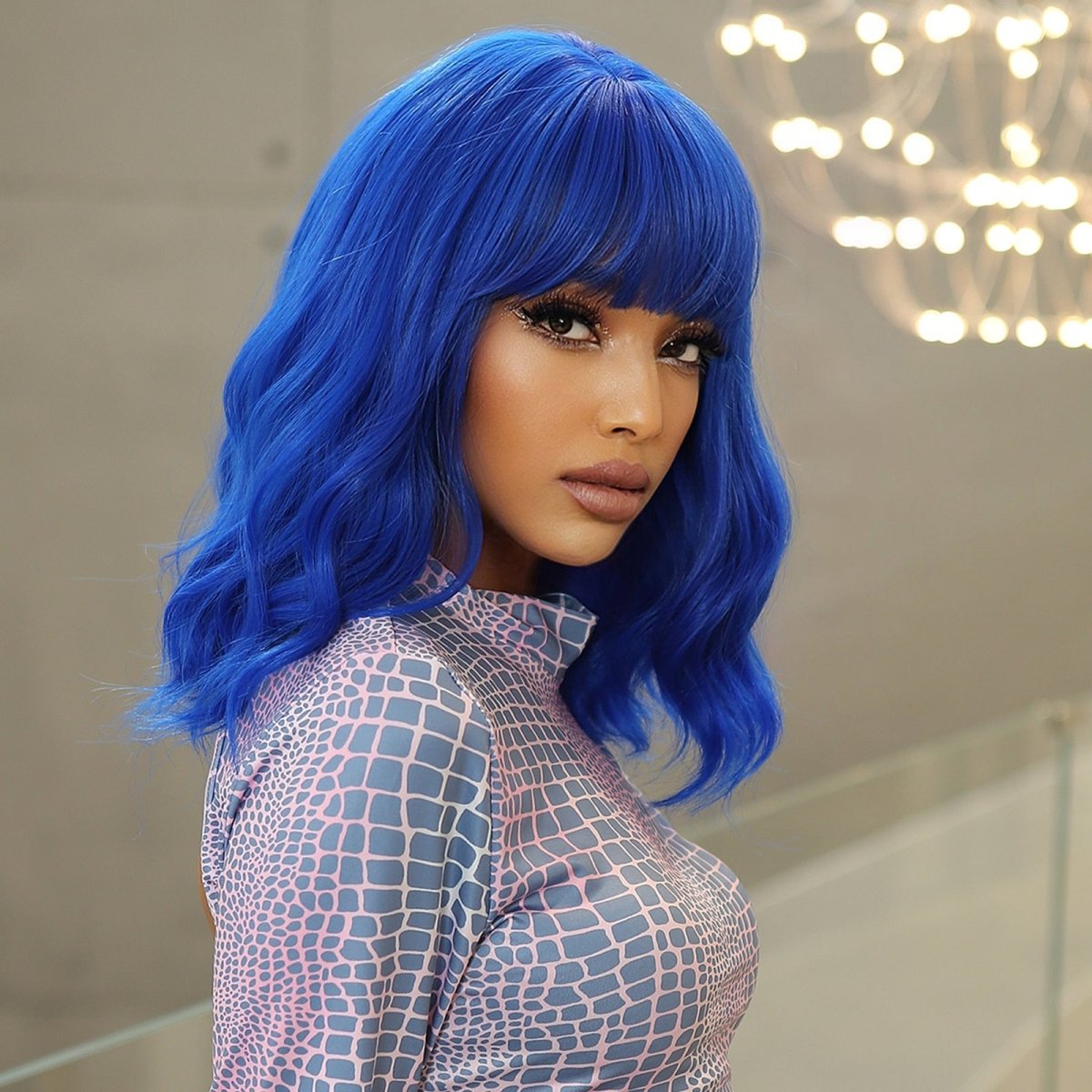 Blue Short Wavy Wig with Bangs - HairNjoy