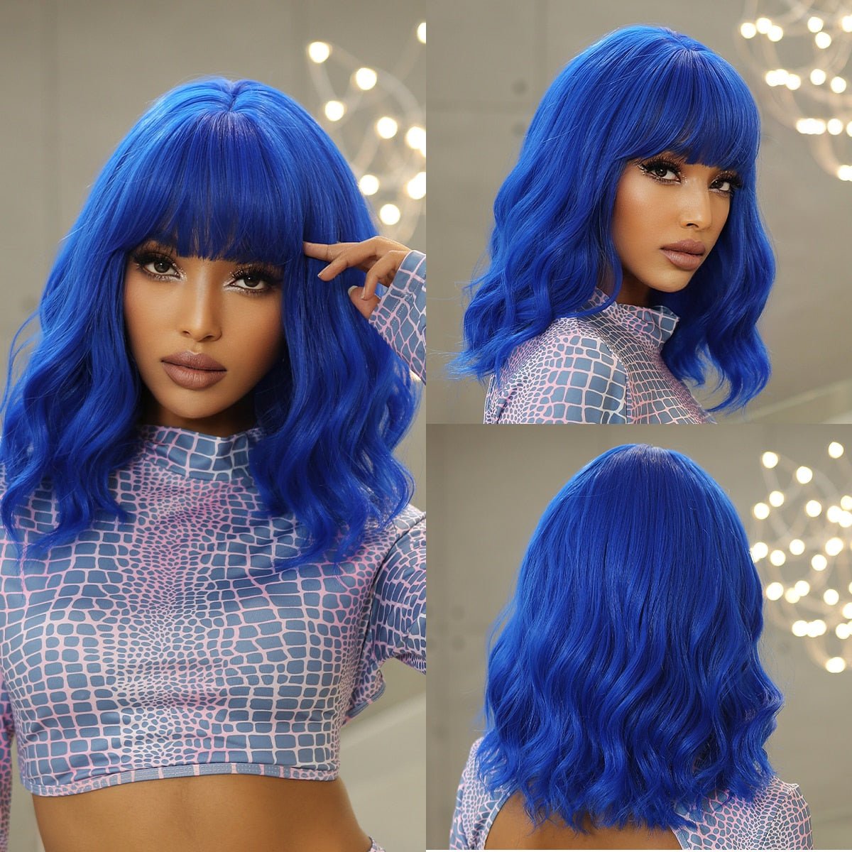 Blue Short Wavy Wig with Bangs - HairNjoy