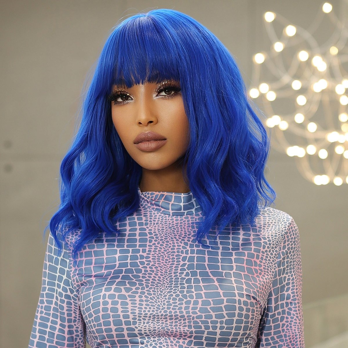 Blue Short Wavy Wig with Bangs - HairNjoy