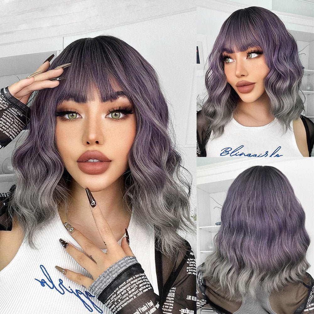 Bob Ash Purple Grey Wavy Wig with Bangs - HairNjoy