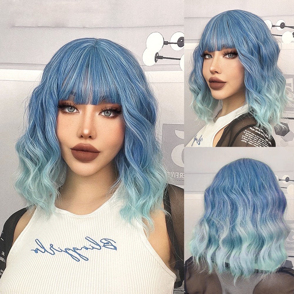 Bob Blue Wavy Wig with Bangs - HairNjoy