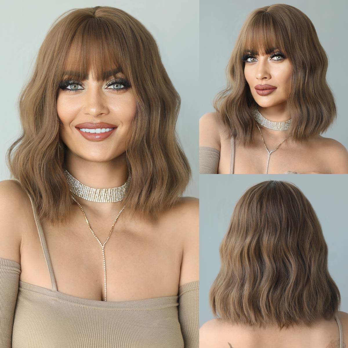 Bob Brown Wavy Wig with Bangs - HairNjoy