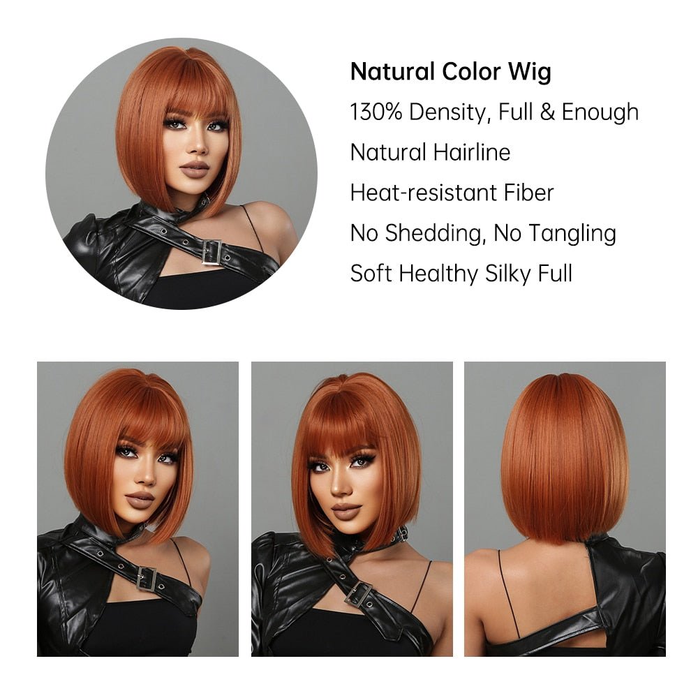Bob Ginger Straight Synthetic Wigs with Bangs - HairNjoy