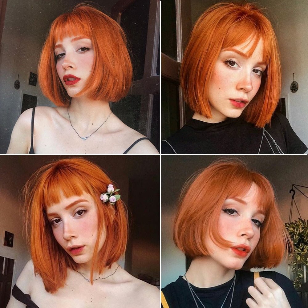 Bob Ginger Straight Synthetic Wigs with Bangs - HairNjoy