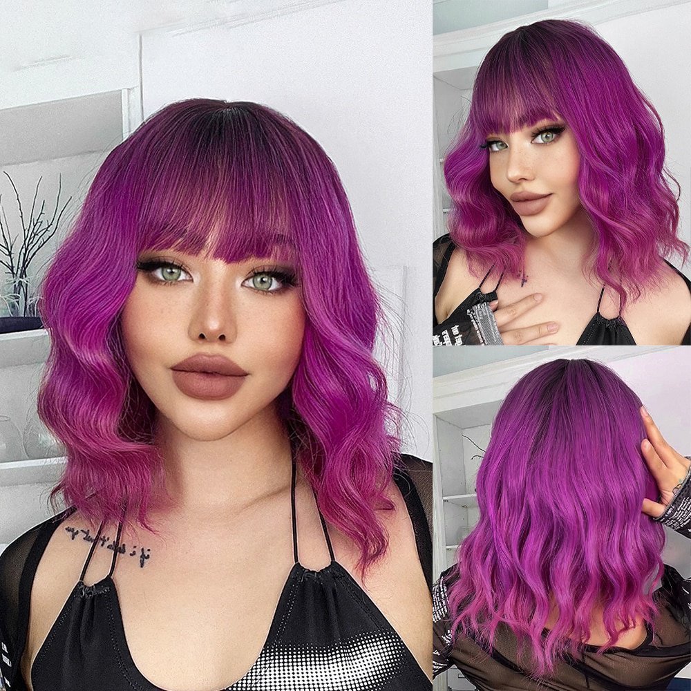 Bob Hot Purple Wavy Wig with Bangs - HairNjoy